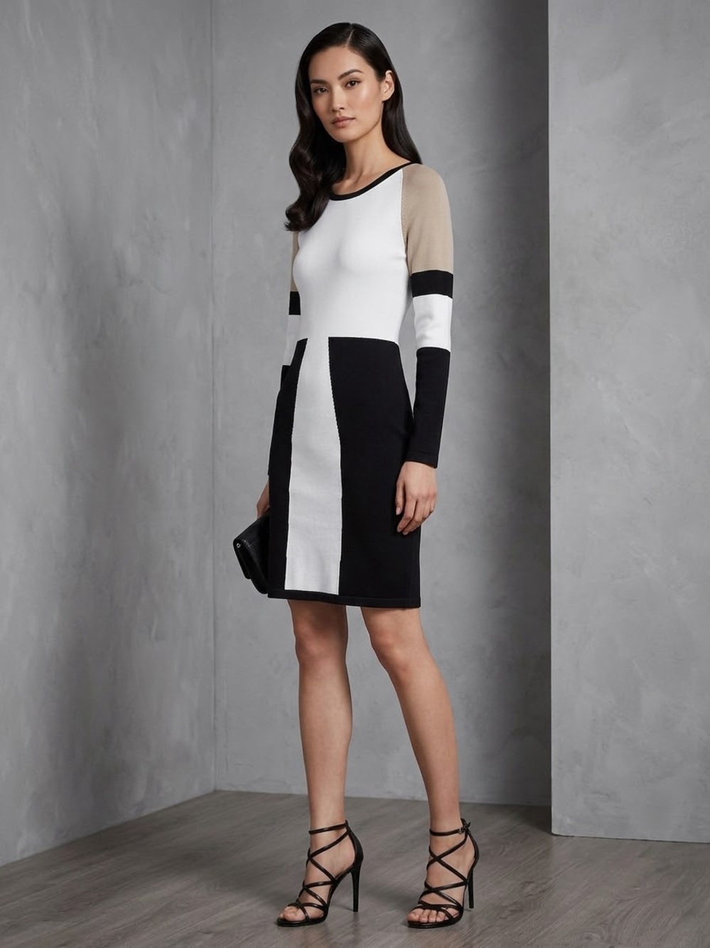 Calvin Klein Colorblock Long-Sleeve Knit Dress in Black, White & Tan